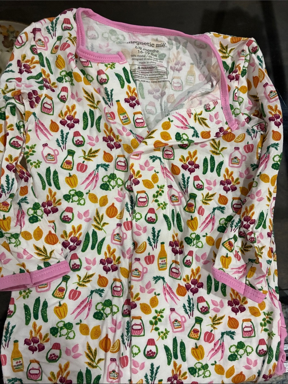 Magnetic Me White Pajama Set with Pink Trim and Multicolor Vegetable Print
